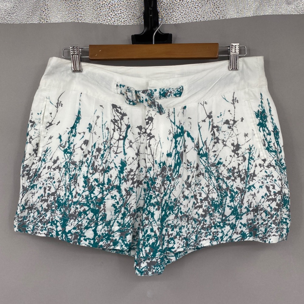 My Beloved Abstract Botanical Print Pleated Shorts Womens Large White Teal